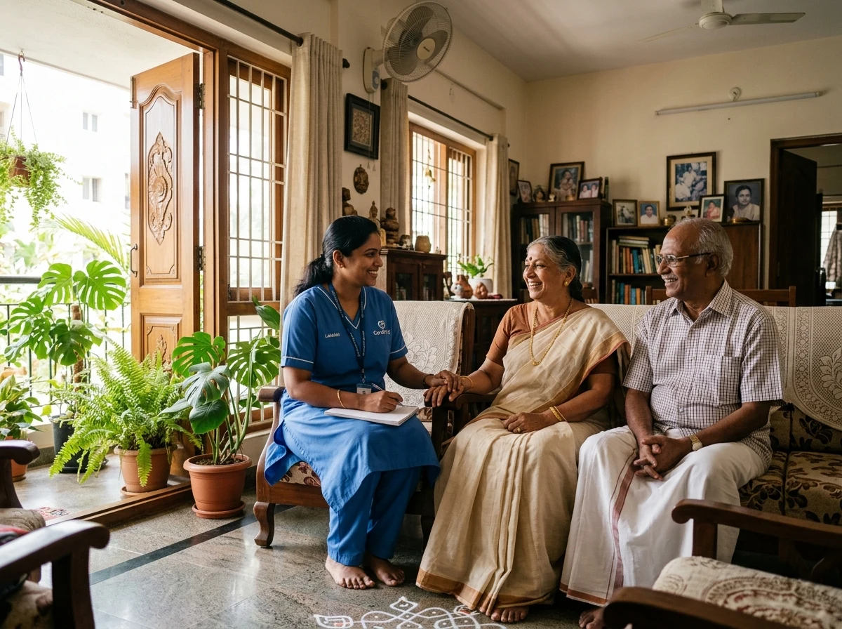 Vallalar Home Care caregiver providing compassionate doorstep support in a Chennai family home